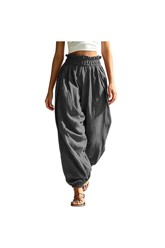 Solid Crinkle Jogger Harem Pants for Women Ruffle Paperbag Drawstring Waist Loose Casual Full Length Pants with Pockets