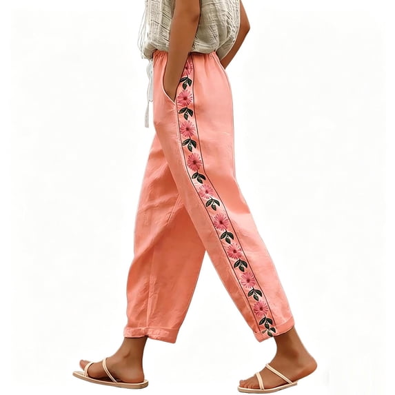 ZToonmas Solid Floral Embroidery Linen Barrel Pants for Women Drawstring Elastic Waist Loose Ankle Casual Cropped Pants with Side Pockets