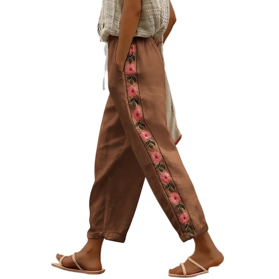 ZToonmas Solid Floral Embroidery Linen Barrel Pants for Women Drawstring Elastic Waist Loose Ankle Casual Cropped Pants with Side Pockets