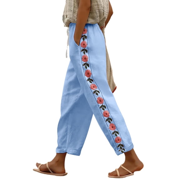 ZToonmas Solid Floral Embroidery Linen Barrel Pants for Women Drawstring Elastic Waist Loose Ankle Casual Cropped Pants with Side Pockets