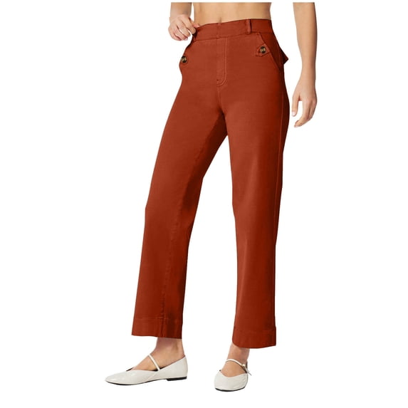 ZToonmas Solid High Waist Straight Cropped Jeans for Women Loose Wide Leg Ankle Denim Pants with Decor Pocket Buttons