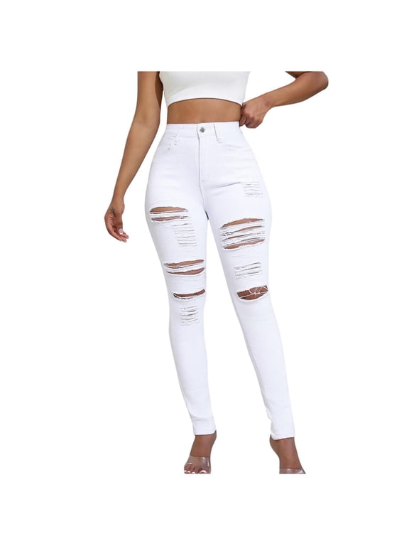Solid High Waist Stretch Ripped Skinny Jeans for Women Zip Button Slim Fit Casual Denim Pants with Pocket
