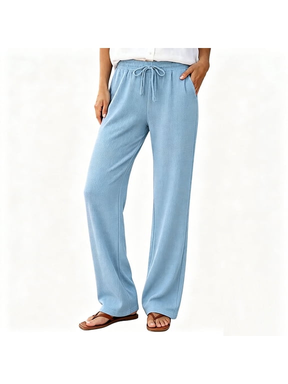 Solid Knit Straight Pants for Women Drawstring Elastic Waist Loose Full Length Casual Pants with Side Pockets