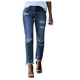 thumbnail image 1 of ZToonmas Solid Mid Rise Stretch Ripped Slim Ankle Jeans for Women Frayed Distressed Casual Denim Long Pants with Pockets, 1 of 7