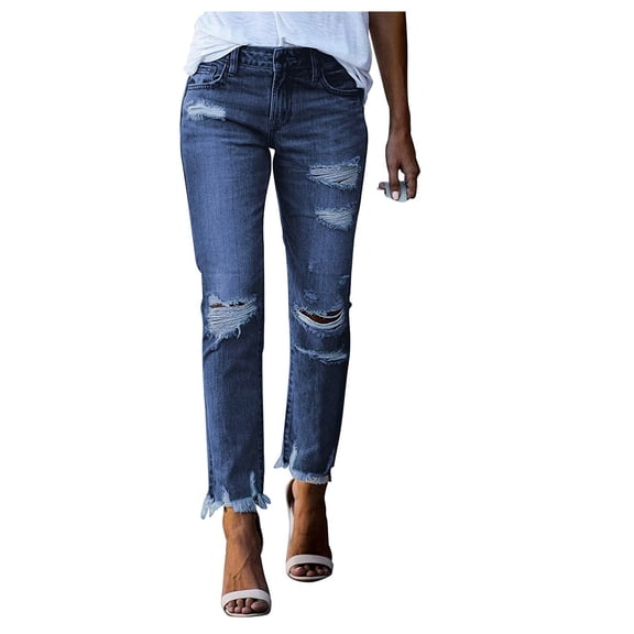 ZToonmas Solid Mid Rise Stretch Ripped Slim Ankle Jeans for Women Frayed Distressed Casual Denim Long Pants with Pockets