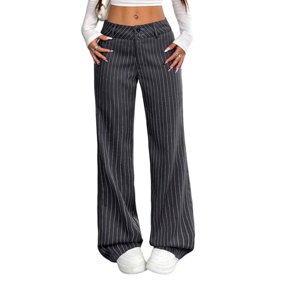 ZToonmas Solid Pinstripe Wide Leg Suit Pants for Women High Waist Button Zipper Straight Full Length Office Casual Pants with Pockets