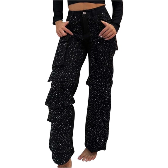 ZToonmas Solid Rhinestone Stacked Cargo Jeans for Women High Waist Sparkly Ruched Casual Denim Long Pants with Pockets