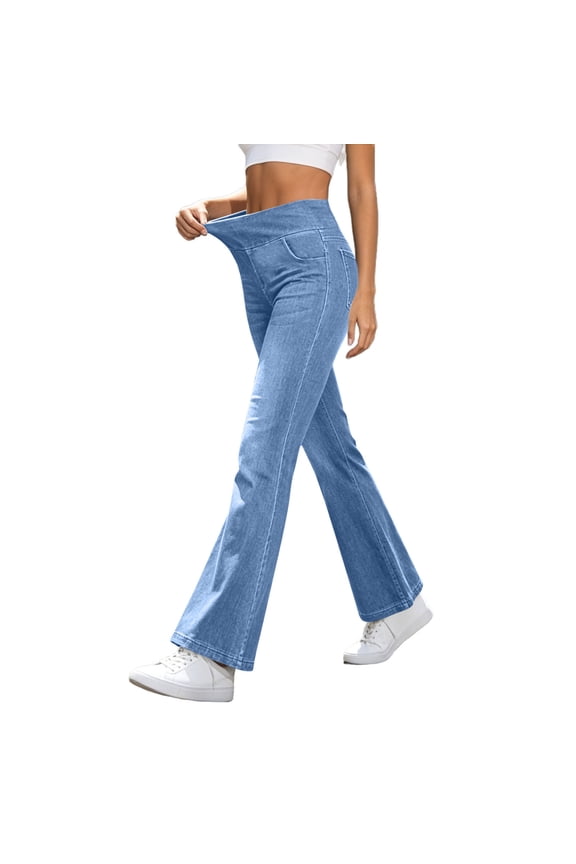 Solid Wash Stretch Flare Jeans for Women Wide Elastic Pull on High Waist Slim Full Length Bootcut Denim Pants with Pockets