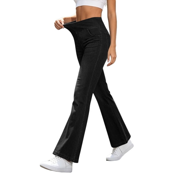 ZToonmas Solid Wash Stretch Flare Jeans for Women Wide Elastic Pull on High Waist Slim Full Length Bootcut Denim Pants with Pockets