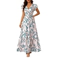 thumbnail image 1 of ZToonmas Summer Dresses for Women Wrap V Neck Ruffle Cap Sleeve Maxi Dress Leaf Print Tiered A-Line Flowy Sundress with Self Tie Waist for Beach Vacation, 1 of 8