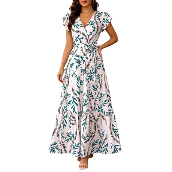 ZToonmas Summer Dresses for Women Wrap V Neck Ruffle Cap Sleeve Maxi Dress Leaf Print Tiered A-Line Flowy Sundress with Self Tie Waist for Beach Vacation