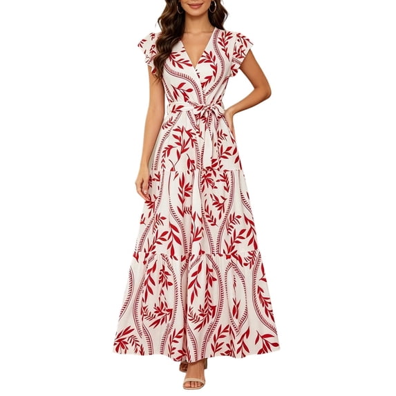 ZToonmas Summer Dresses for Women Wrap V Neck Ruffle Cap Sleeve Maxi Dress Leaf Print Tiered A-Line Flowy Sundress with Self Tie Waist for Beach Vacation