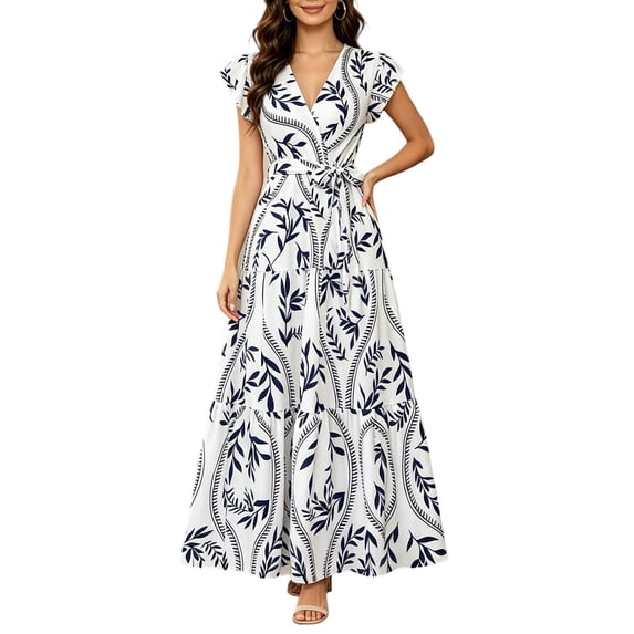 ZToonmas Summer Dresses for Women Wrap V Neck Ruffle Cap Sleeve Maxi Dress Leaf Print Tiered A-Line Flowy Sundress with Self Tie Waist for Beach Vacation