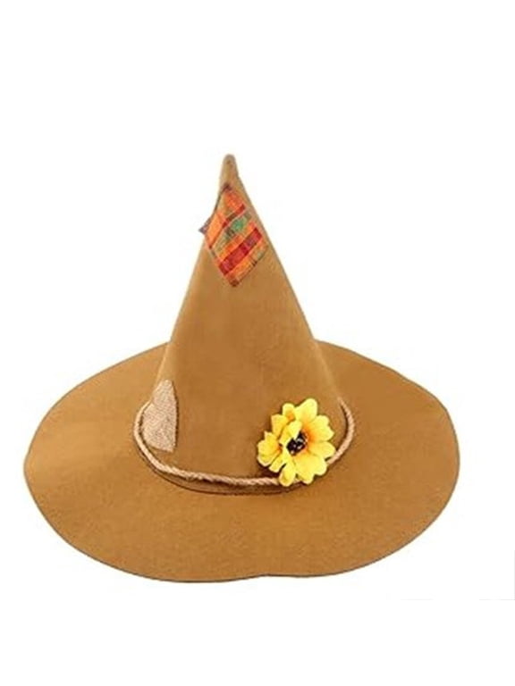 Unisex Scarecrow Witch Hat Tall Pointed Wide Brim Hat with Sunflower Burlap Heart and Plaid Tip Halloween Party Role Play Accessory for Adults Kids