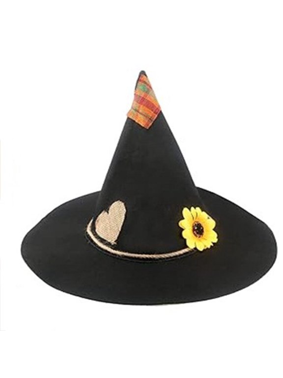 Unisex Scarecrow Witch Hat Tall Pointed Wide Brim Hat with Sunflower Burlap Heart and Plaid Tip Halloween Party Role Play Accessory for Adults Kids
