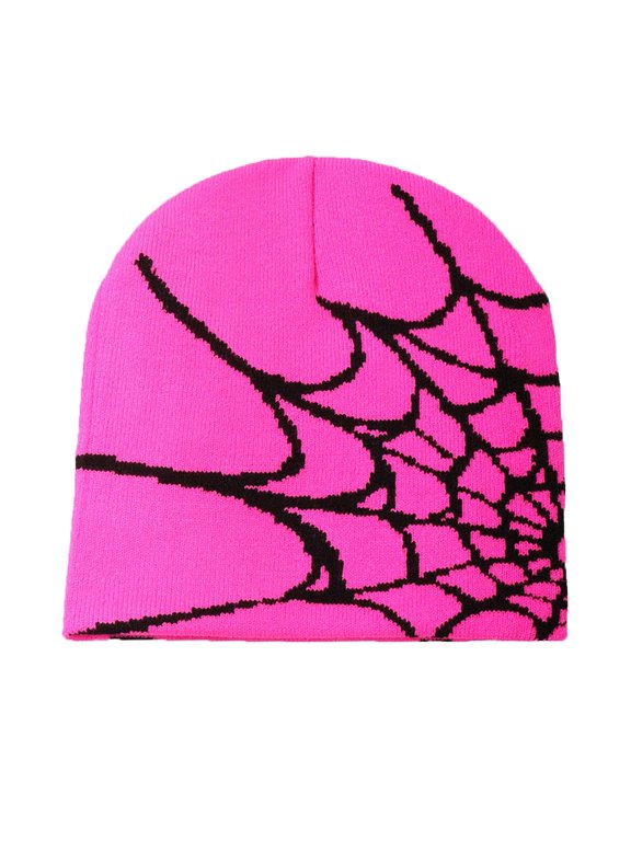 Unisex Winter Knit Beanie with Spider Web Pattern Stretchy Warm Skull Cap Halloween Daily Wear Hat for Women Men Teens