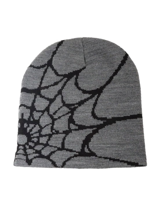 Unisex Winter Knit Beanie with Spider Web Pattern Stretchy Warm Skull Cap Halloween Daily Wear Hat for Women Men Teens