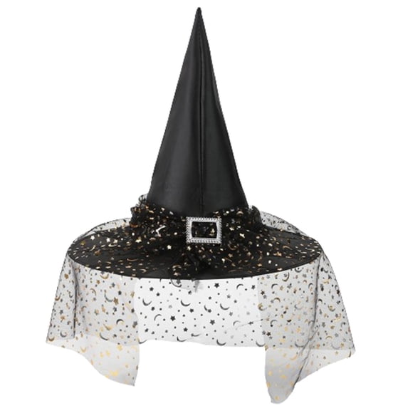 ZToonmas Unisex Witch Hat Tall Pointed Top Wide Brim Hat with Moon Star Tulle and Square Buckle Halloween Role Play Party Accessory for Adults and Kids