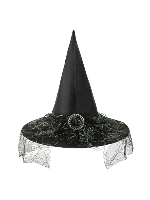Unisex Witch Hat Tall Pointed Top Wide Brim Hat with Star Print Tulle and Rhinestone Ring Halloween Party Role Play Accessory for Adults and Kids