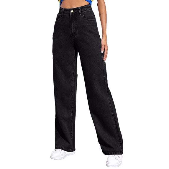 ZToonmas Washed Wide Leg Jeans for Women High Waist Button Zip Elastic Waist Solid Loose Denim Long Pants with Pockets