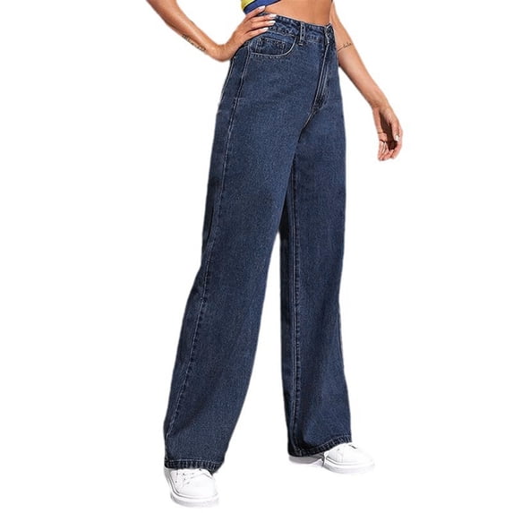 ZToonmas Washed Wide Leg Jeans for Women High Waist Button Zip Elastic Waist Solid Loose Denim Long Pants with Pockets