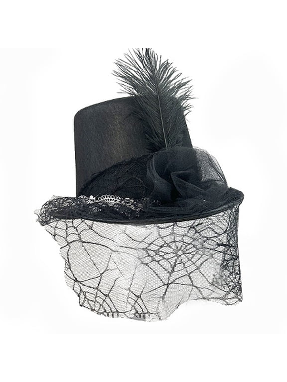 Women Gothic Top Hat Tall Crown Wide Brim Hat with Spider Web Veil Lace and Plume Halloween Role Play Party Accessory for Adult Ladies