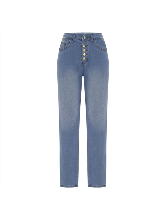 Women High Waist Button Fly Straight Leg Jeans Light Wash Stretch Denim Pants Fashion Slim Fit Casual Long Trousers with Pockets