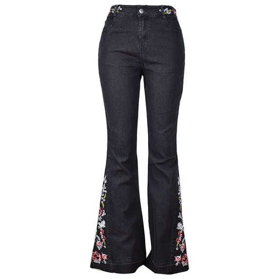 ZToonmas Women High Waist Stretch Floral Embroidered Bootcut Flare Denim Jeans Wash Slim Bell Bottom Full Length Daily Casual Pants