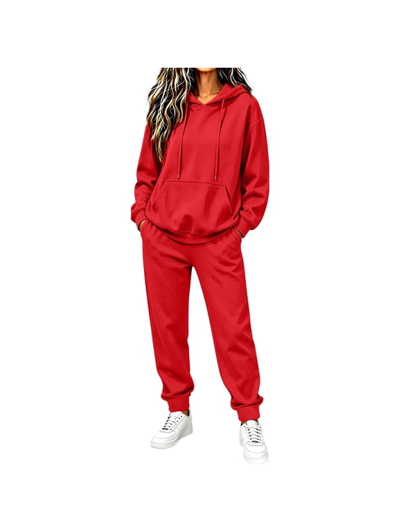 Women Solid Color 2 Piece Outfit Casual Hooded Sweatshirt Set Long Sleeve Drawstring Hoodie with Pocket and Elastic Cuffed Jogger Pants for Fall Winter Loungewear