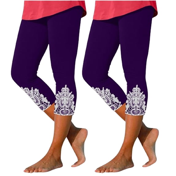 ZToonmas Women's 2 Pack High Waist Lace Trim Capri Leggings Slim Fit Cropped Pants for Summer