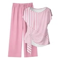 thumbnail image 1 of ZToonmas Women's 2 Piece Casual Outfit Round Neck Short Sleeve Tie Detail Top with Print and Elastic Waist Wide Leg Pants Set, 1 of 5