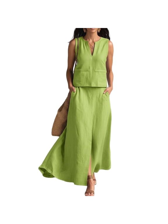 Women's 2-Piece Outfit Sleeveless V-Neck Crop Top and High Waist Slit Maxi Skirt with Pockets Set Casual Summer Matching Set