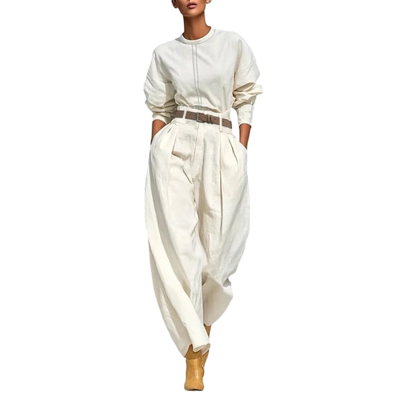 ZToonmas Women's 2 Piece Outfits Solid Long Sleeve Crew Neck Top and High Waist Baggy Pants Set with Belt Casual Fashion Suit