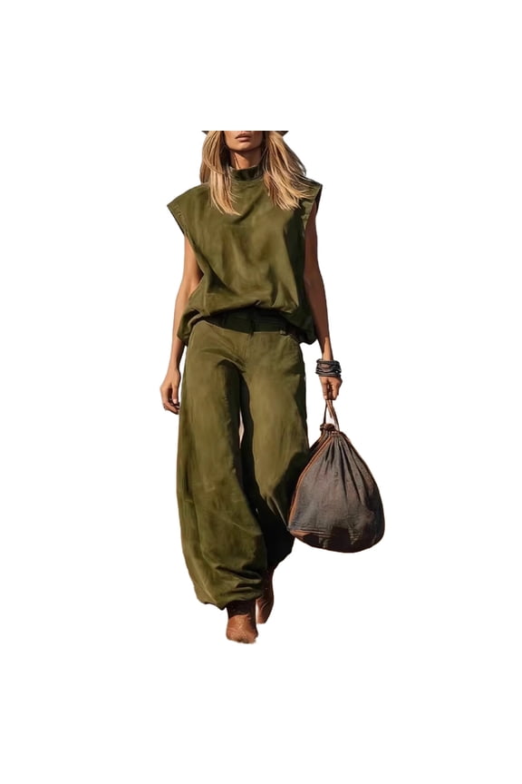 Women's 2 Piece Outfits Solid Mock Neck Sleeveless Top and Wide Leg Pants Set Western Casual Loungewear