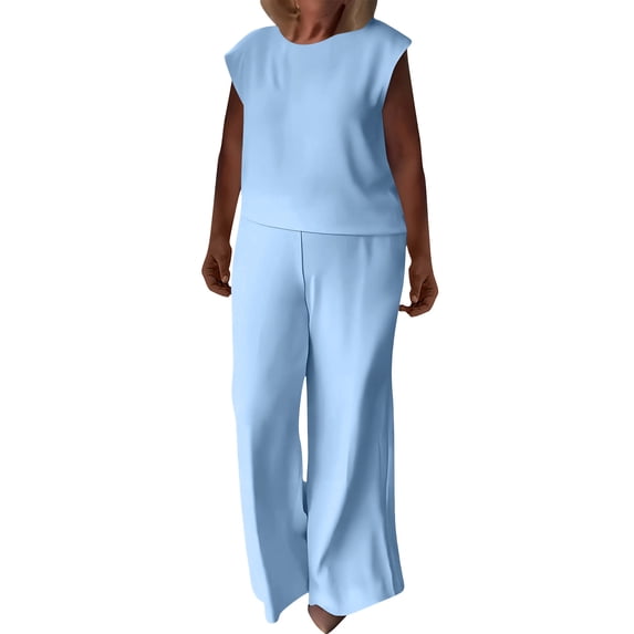 ZToonmas Women's 2 Piece Outfits Solid Sleeveless Cap Sleeve Top and Wide Leg Pants Set Casual Loose Two Piece Suit