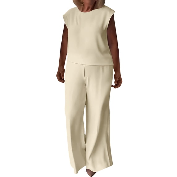 ZToonmas Women's 2 Piece Outfits Solid Sleeveless Cap Sleeve Top and Wide Leg Pants Set Casual Loose Two Piece Suit