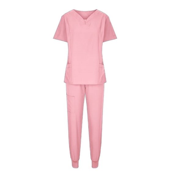 ZToonmas Women's 2 Piece Scrub Set Short Sleeve V-Neck Top with Multi Pockets and Jogger Pants Medical Work Uniform