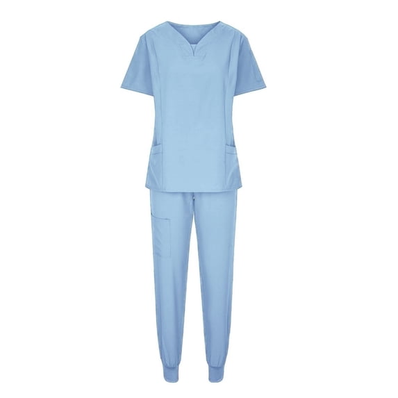 ZToonmas Women's 2 Piece Scrub Set Short Sleeve V-Neck Top with Multi Pockets and Jogger Pants Medical Work Uniform