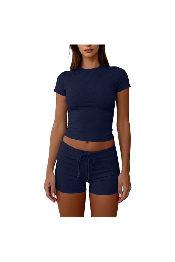 Women's 2 Piece Solid Color Outfit Crew Neck Short Sleeve Crop Top and Drawstring Biker Shorts Set