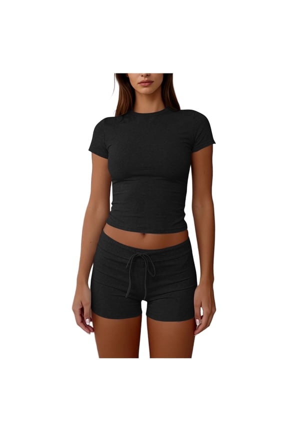 Women's 2 Piece Solid Color Outfit Crew Neck Short Sleeve Crop Top and Drawstring Biker Shorts Set