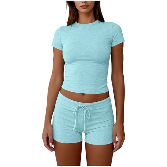 ZToonmas Women's 2 Piece Solid Color Outfit Crew Neck Short Sleeve Crop Top and Drawstring Biker Shorts Set