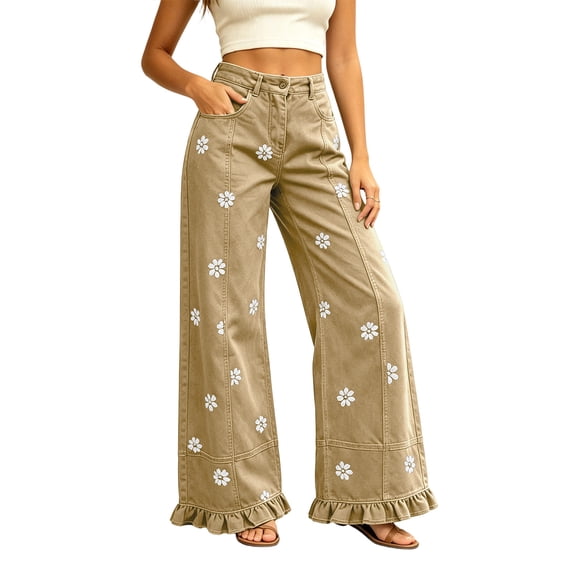 ZToonmas Women's High Waisted Print/Solid Wide Leg Pants Ruffle Hem Casual Trousers with Pockets for Ladies