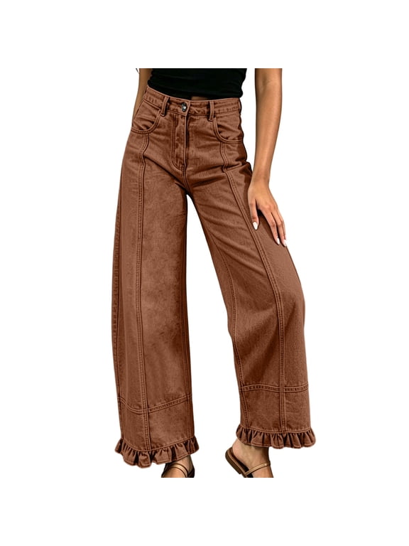 Women's High Waisted Solid Wide Leg Pants Ruffle Hem Casual Jeans with Pockets for Ladies