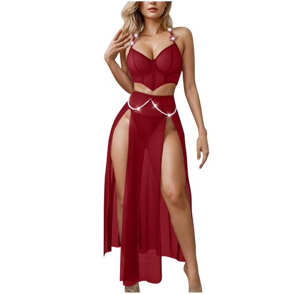 ZToonmas Women's 3-Piece Rhinestone Trim Lingerie Set Sheer Mesh Corset Crop Top and High Slit Maxi Skirt Halter outfit