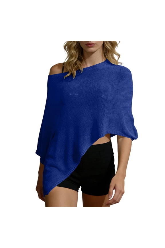 Women's Asymmetric Knit Poncho Shawl Loose Off-Shoulder Cape Top Lightweight Irregular Hem Sun Protection Cover-up