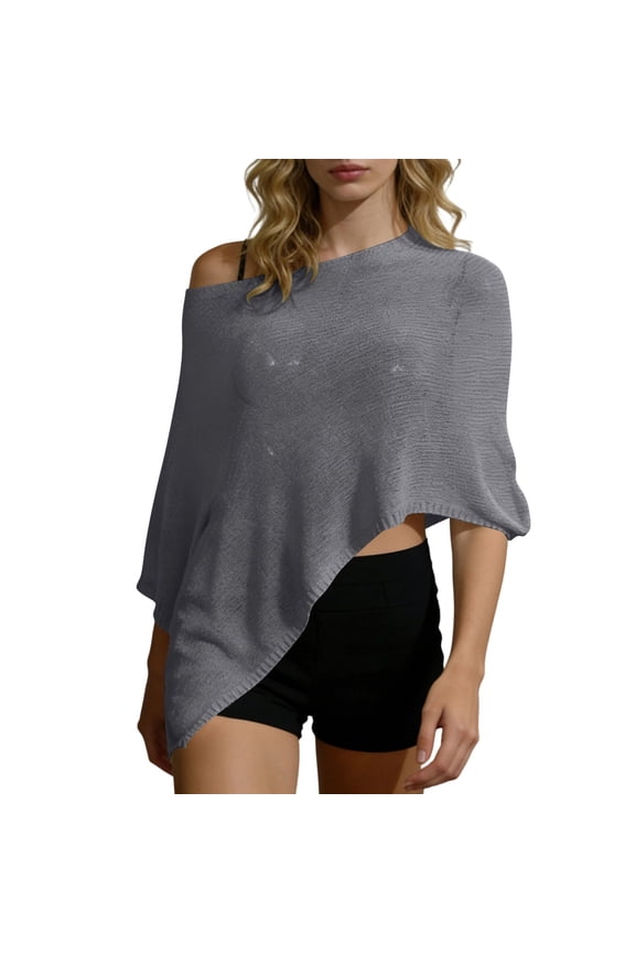 Women's Asymmetric Knit Poncho Shawl Loose Off-Shoulder Cape Top Lightweight Irregular Hem Sun Protection Cover-up