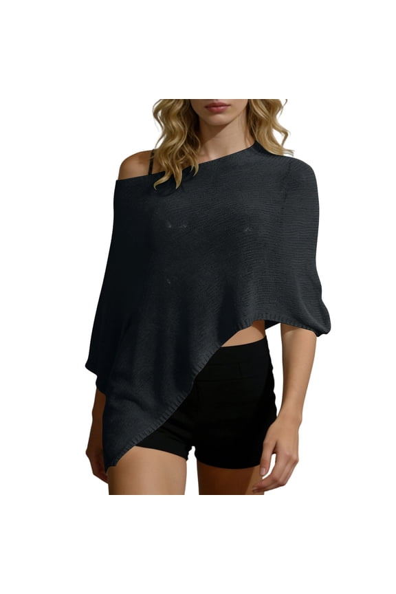 Women's Asymmetric Knit Poncho Shawl Loose Off-Shoulder Cape Top Lightweight Irregular Hem Sun Protection Cover-up