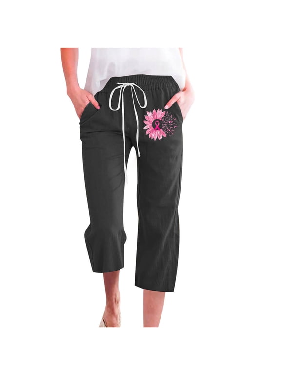 Women's Breast Cancer Awareness Print Drawstring Capri Pants Loose Wide Leg Cropped Trousers with Pockets for Casual Wear