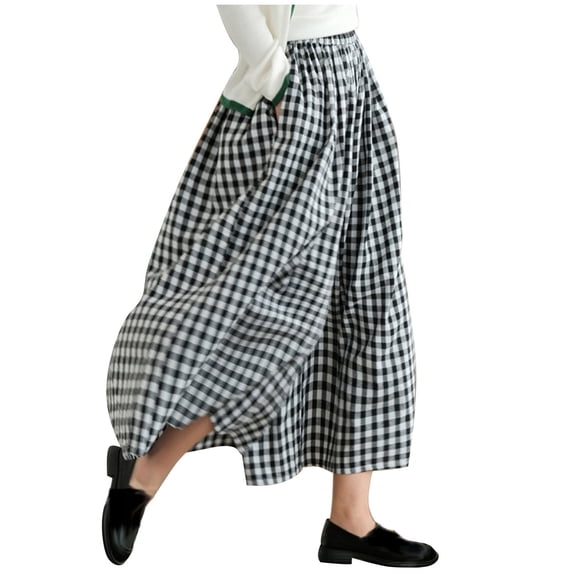 ZToonmas Women's Checkered High Waist Wide Leg Culottes Loose Casual Plaid Cropped Skirt Pants with Pockets