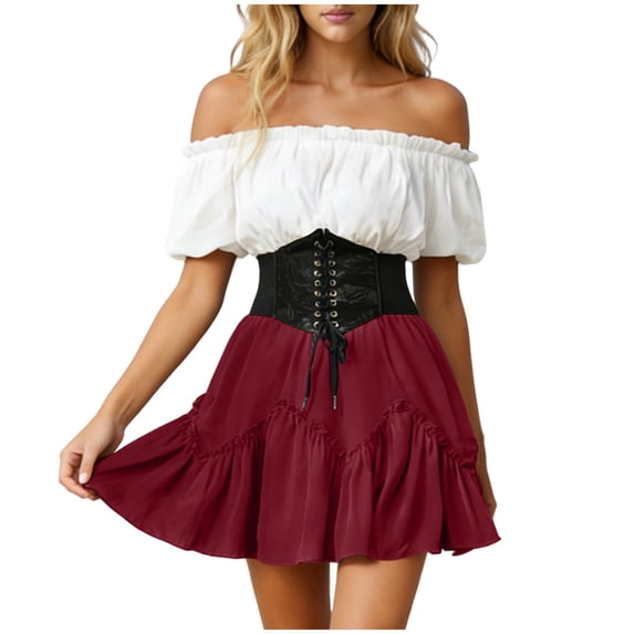 ZToonmas Women's Corset Waist Ruffle Mini Skirt Lace-up High Waist Flared Skirt for Renaissance and Parties